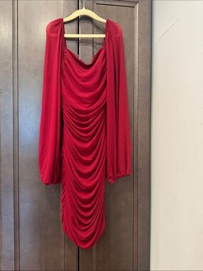 Red Draped Long-Sleeve Cocktail Dress XS